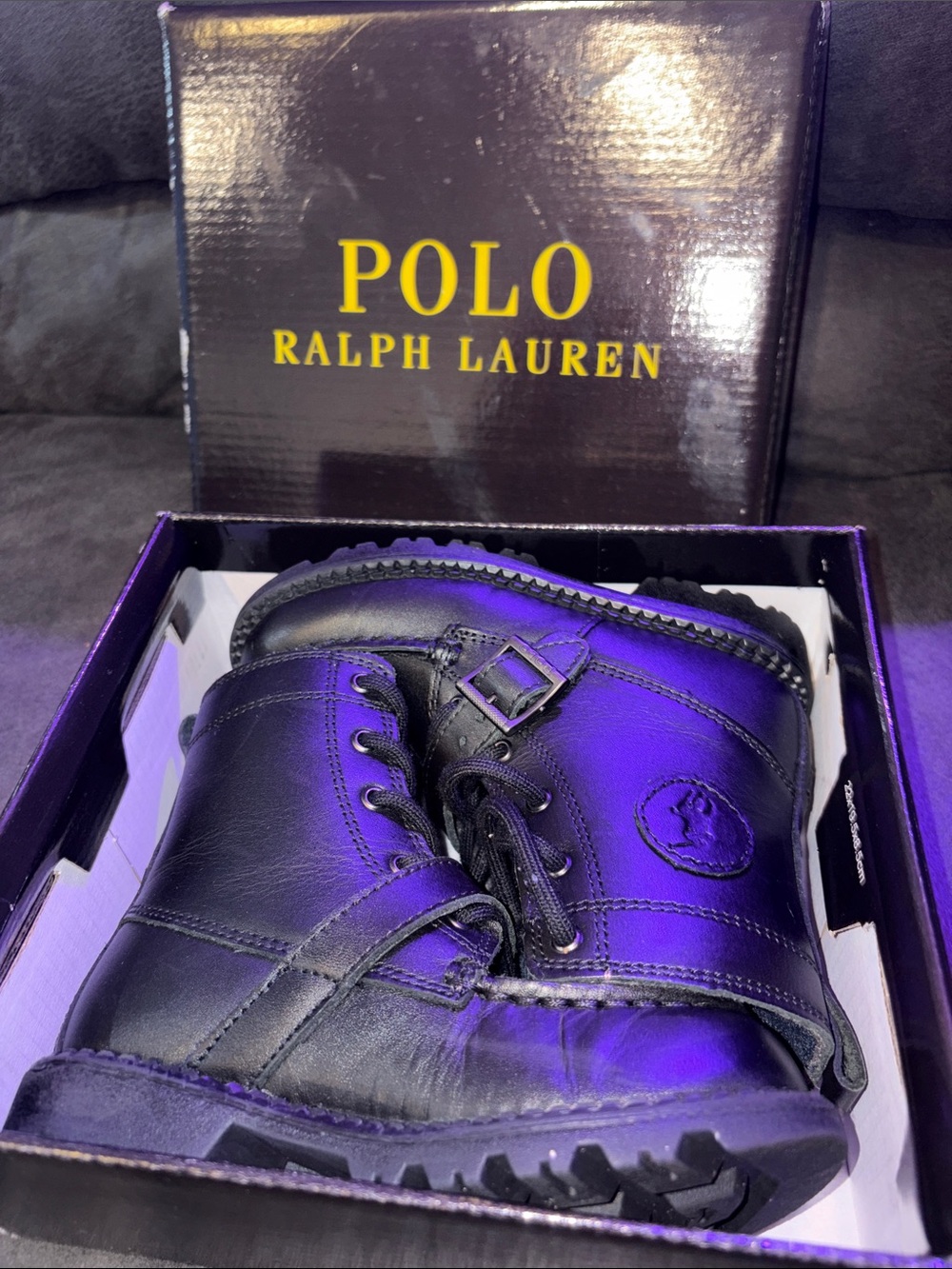 Polo by Ralph Lauren Black Leather Kids Lace-Up Boots with Buckle